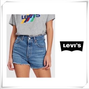 Levi's 501 Premium Blue Denim medium wash distressed jeans shorts women 30